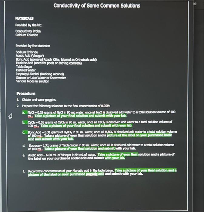 Conductivity of Some Common Solutions MAVERTALS | Chegg.com