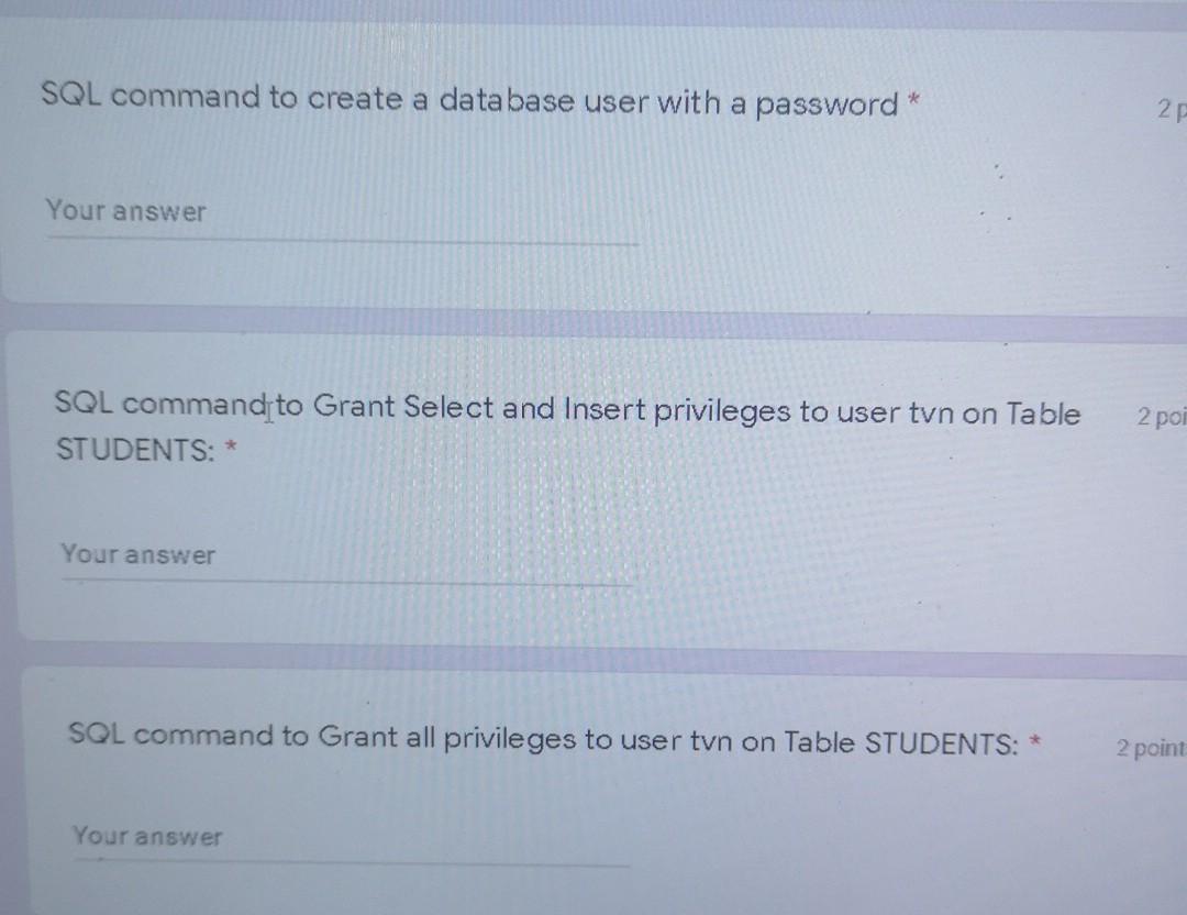 Solved SQL command to create a database user with a password | Chegg.com