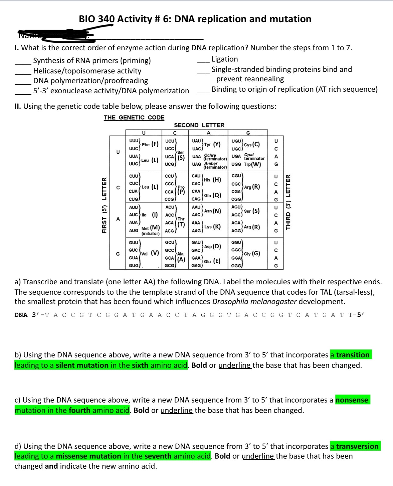 Solved BIO 340 ﻿Activity # 6: DNA Replication And Mutation ( | Chegg.com