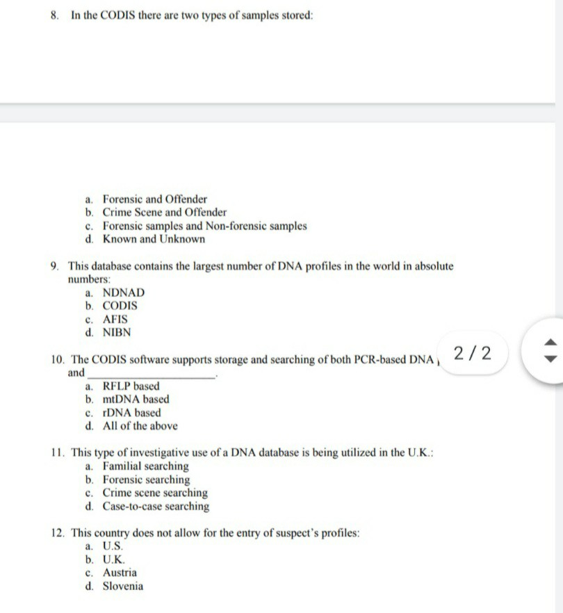 Solved 8. In the CODIS there are two types of samples | Chegg.com