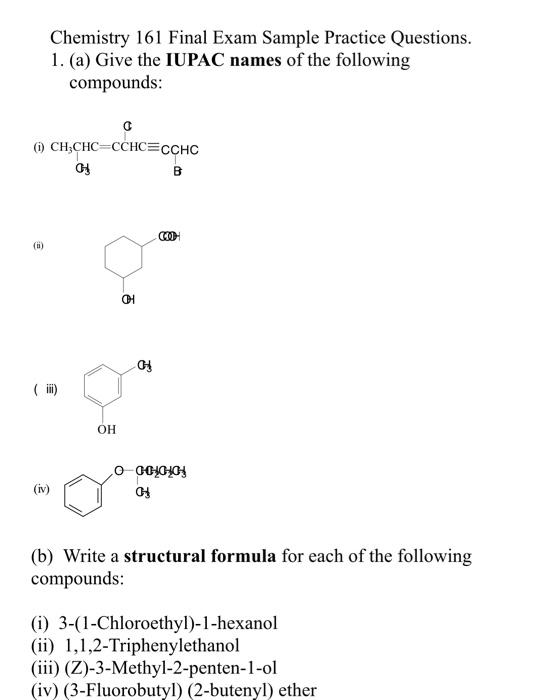 Solved Chemistry 161 Final Exam Sample Practice Questions. | Chegg.com