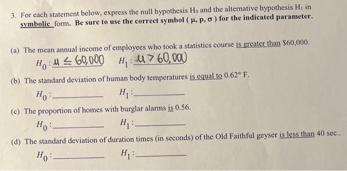 Solved 3 For Each Statement Below Express The Null