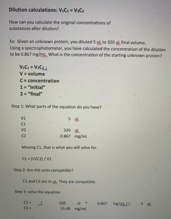 Solved Dilution calculations: ViC1 = V2C2 How can you | Chegg.com