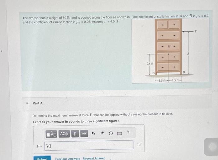Solved The dresser has a weight of 80lb and is pushed along