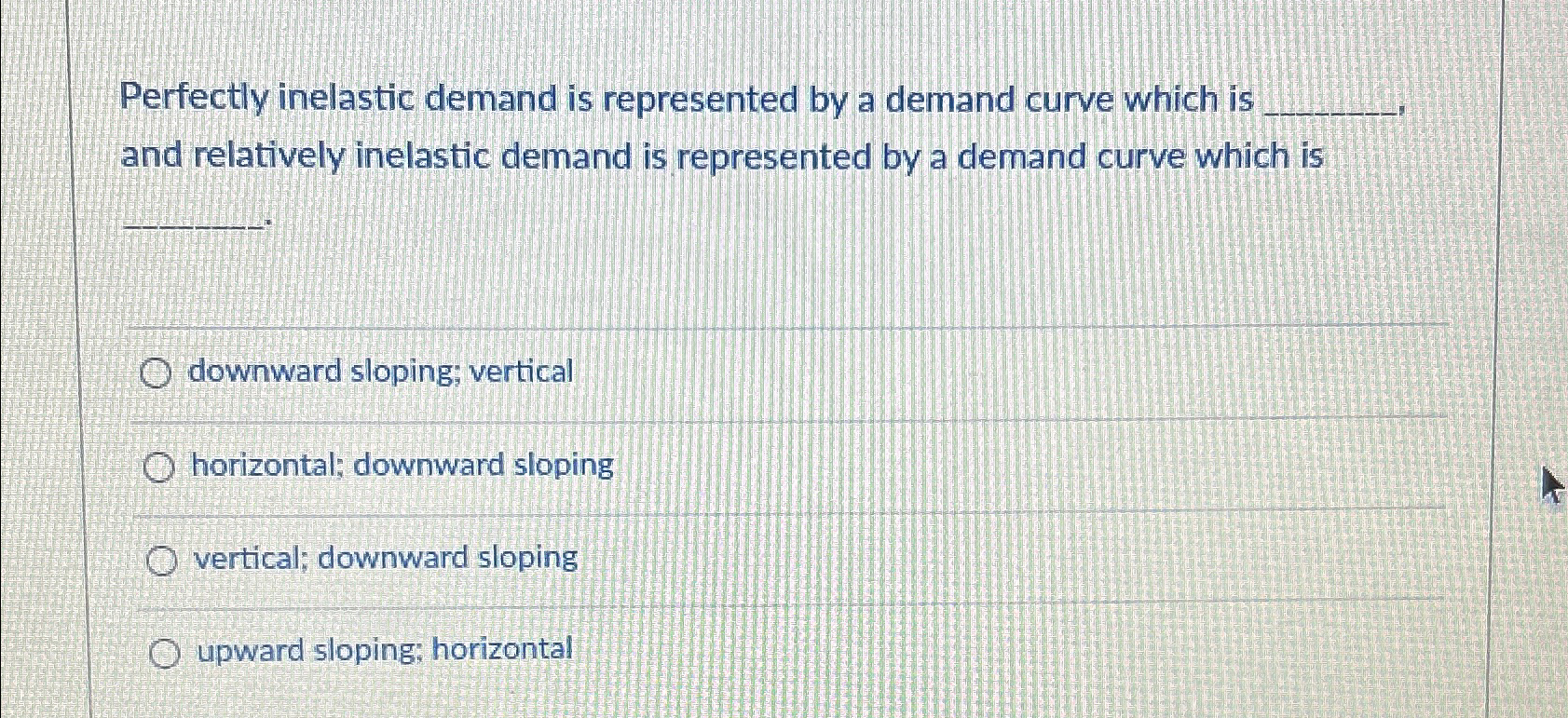Solved Perfectly inelastic demand is represented by a demand | Chegg.com