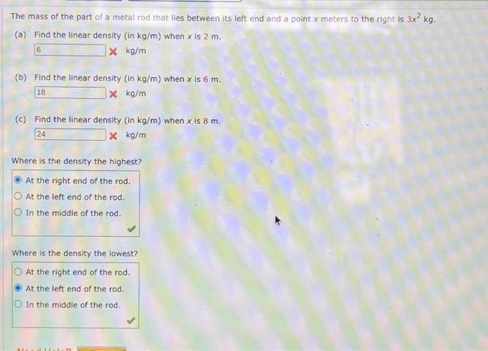Solved The mass of the part of a metal rod that lies between