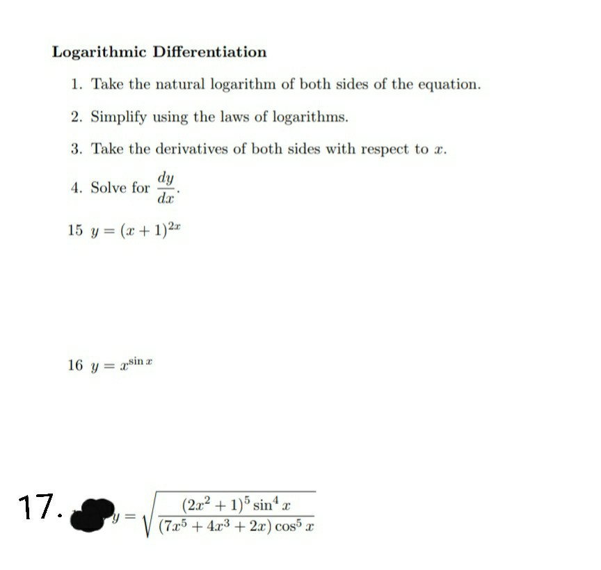 Solved Logarithmic Differentiation 1. Take the natural | Chegg.com