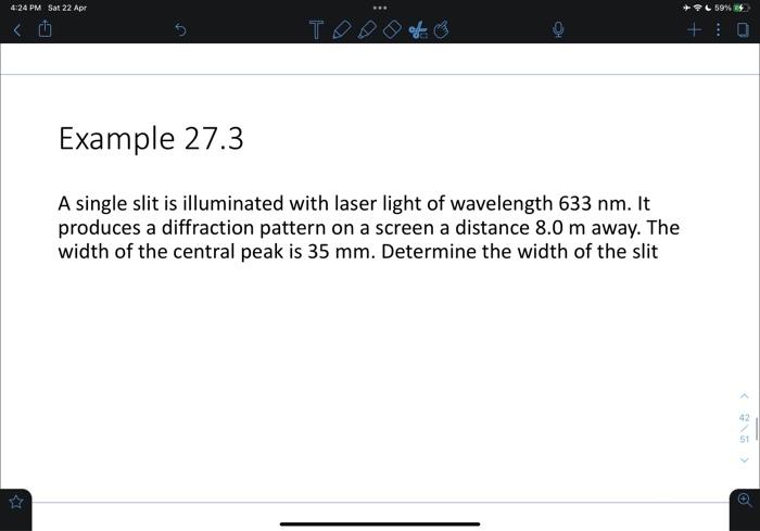 A single slit is illuminated with laser light of wavelength \( 633 \mathrm{~nm} \). It produces a diffraction pattern on a sc