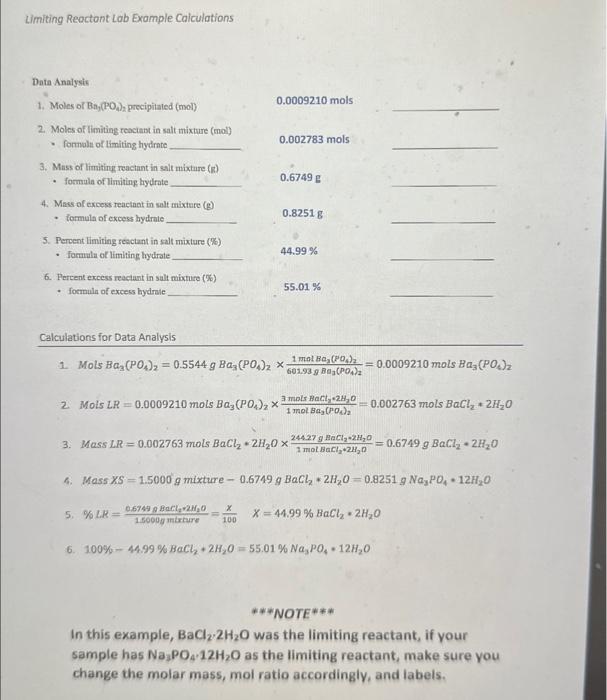 Limiting Reactant Lab Example Calculations Date Lab | Chegg.com
