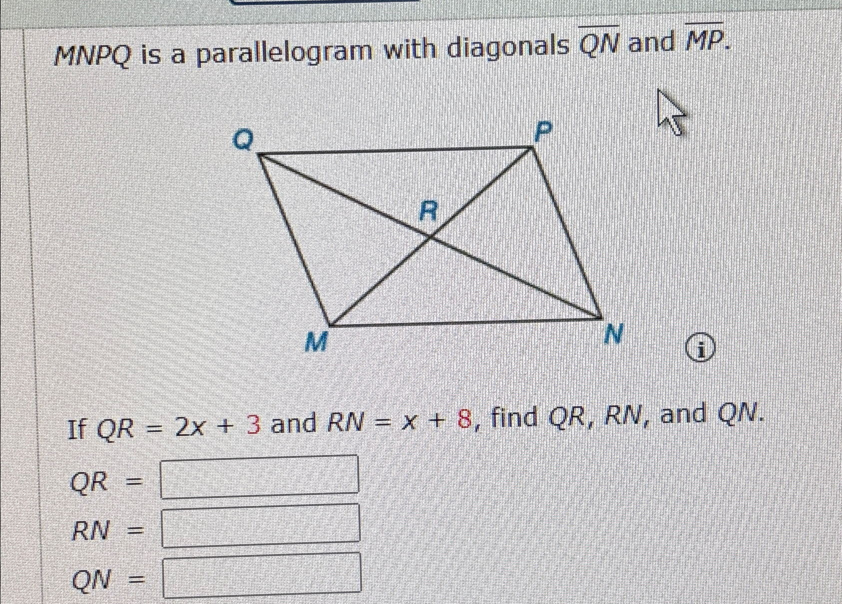 Solved MNPQ ﻿is a parallelogram with diagonals ?bar (QN) | Chegg.com