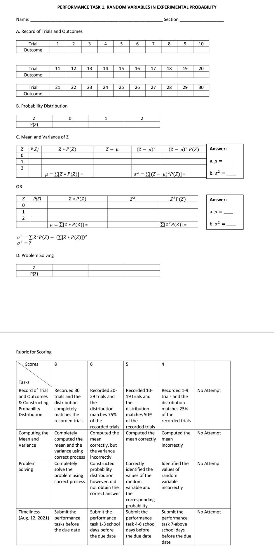 Solved PERFORMANCE TASK 1. RANDOM VARIABLES IN EXPERIMENTAL | Chegg.com