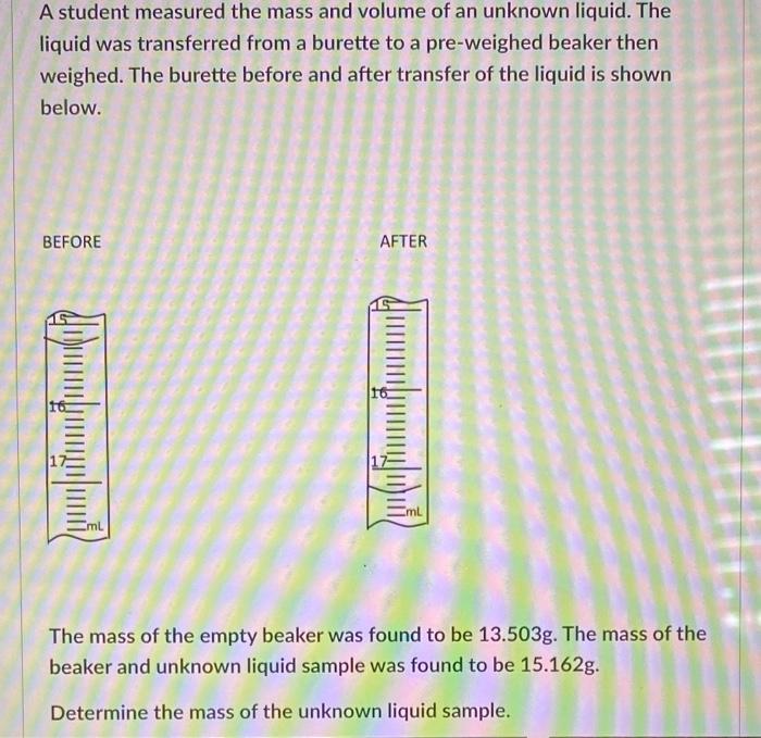 A student measured the mass and volume of an unknown liquid. The
liquid was transferred from a burette to a pre-weighed beake