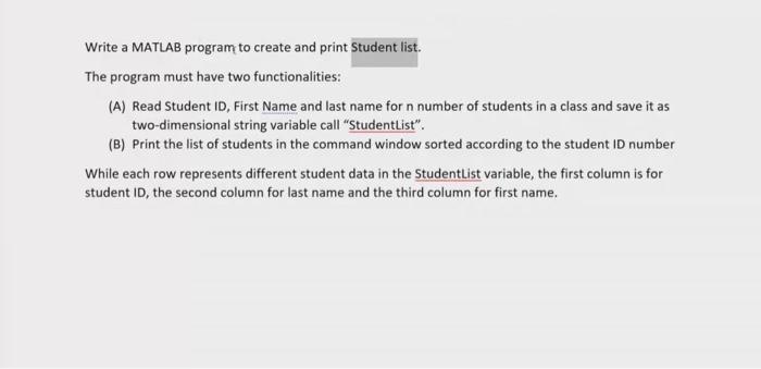 Solved Write a MATLAB program to create and print Student | Chegg.com