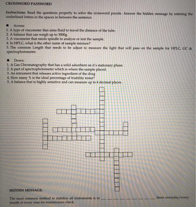 CROSSWORD PASSWORD Instructions: Read the questions Chegg com