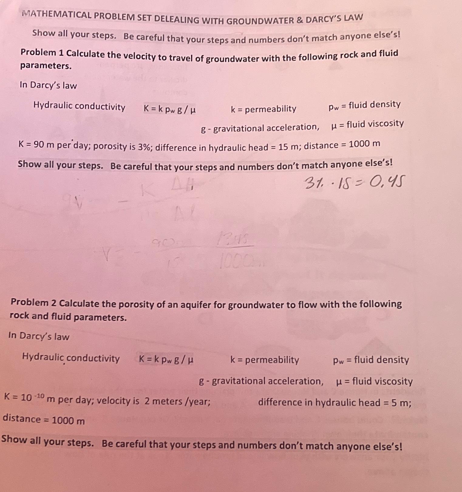 Solved MATHEMATICAL PROBLEM SET DELEALING WITH GROUNDWATER & | Chegg.com