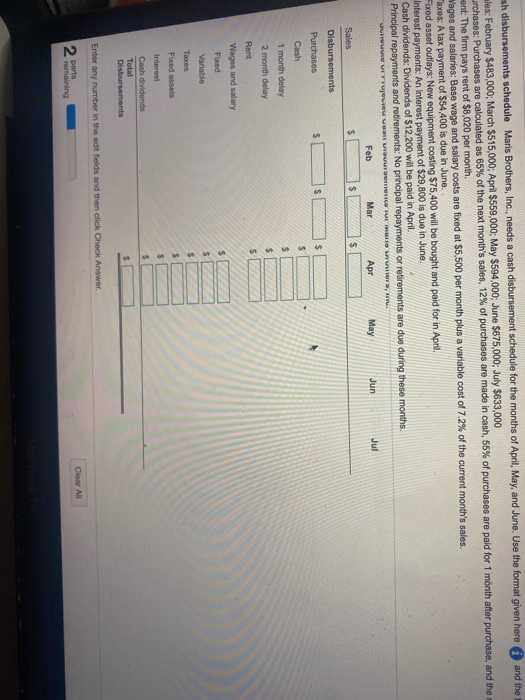 Solved Cash Disbursements Schedule Maris Brothers Inc Chegg