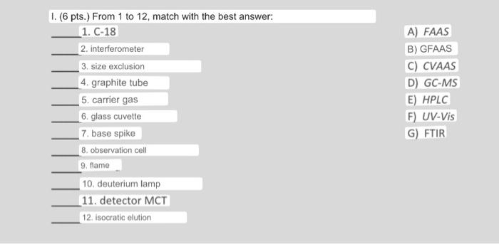 1. (6 pts.) From 1 to 12, match with the best answer: _1. C-18 2. interferometer 3. size exclusion 4. graphite tube 5. carrie