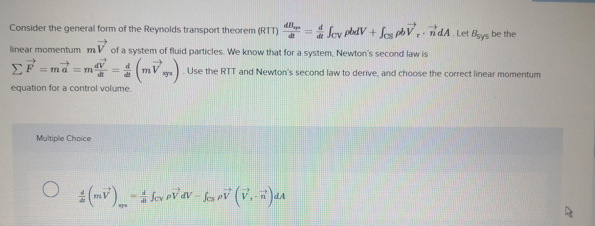 Solved Consider The General Form Of The Reynolds Transport | Chegg.com