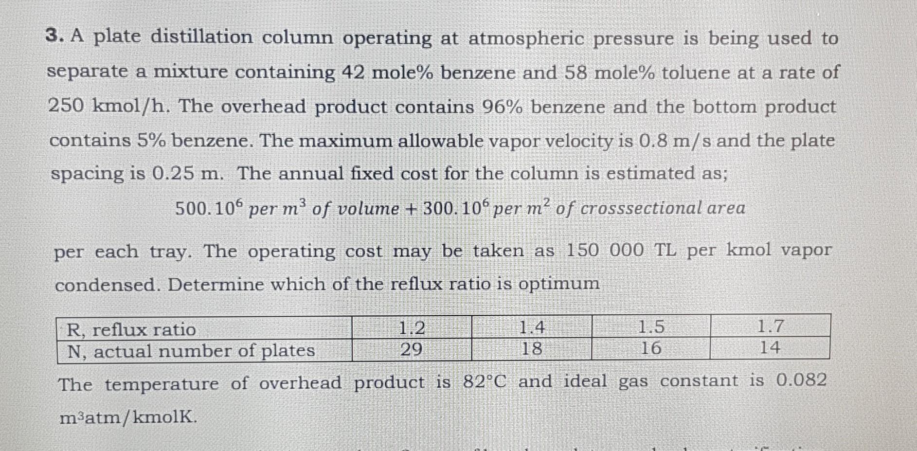Solved 3. A plate distillation column operating at | Chegg.com
