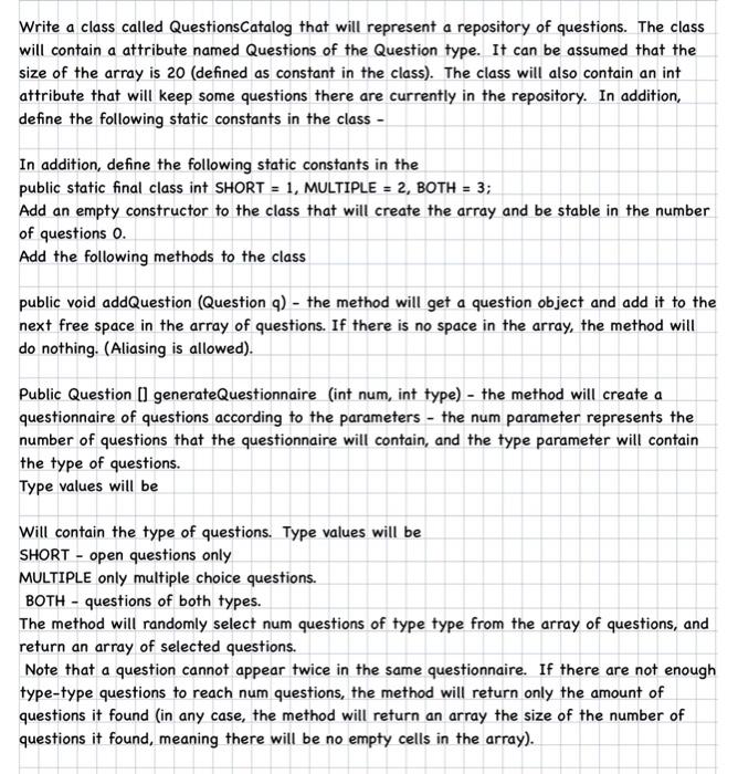 Solved Write a class called QuestionsCatalog that will | Chegg.com