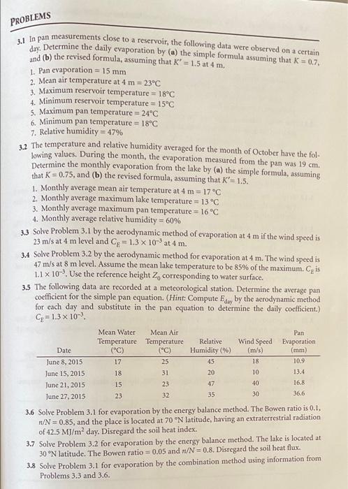 Solved Hydrology Problem 3.8!for the conditions in problem | Chegg.com