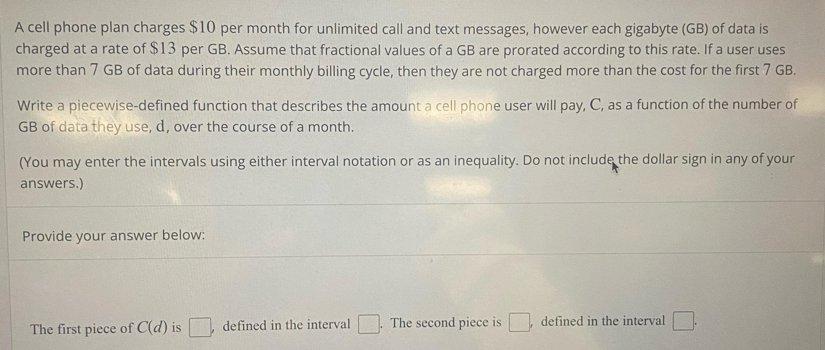 Solved A cell phone plan charges $10 ﻿per month for | Chegg.com