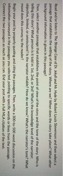 Solved Read And Or Listen To The Strange Case Of Dr Jekyll Chegg Com