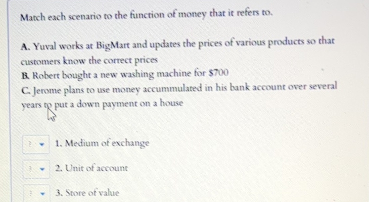 Solved Match each scenario to the function of money that it | Chegg.com