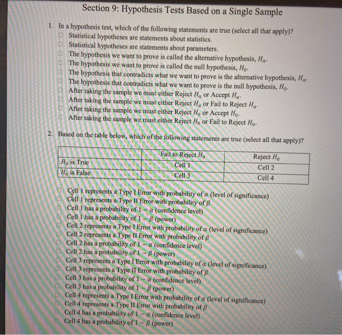 Solved Section 9: Hypothesis Tests Based On A Single Sample | Chegg.com