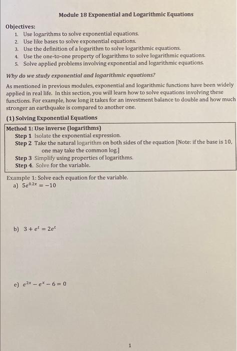 Solved Module 18 Exponential and Logarithmic Equations | Chegg.com