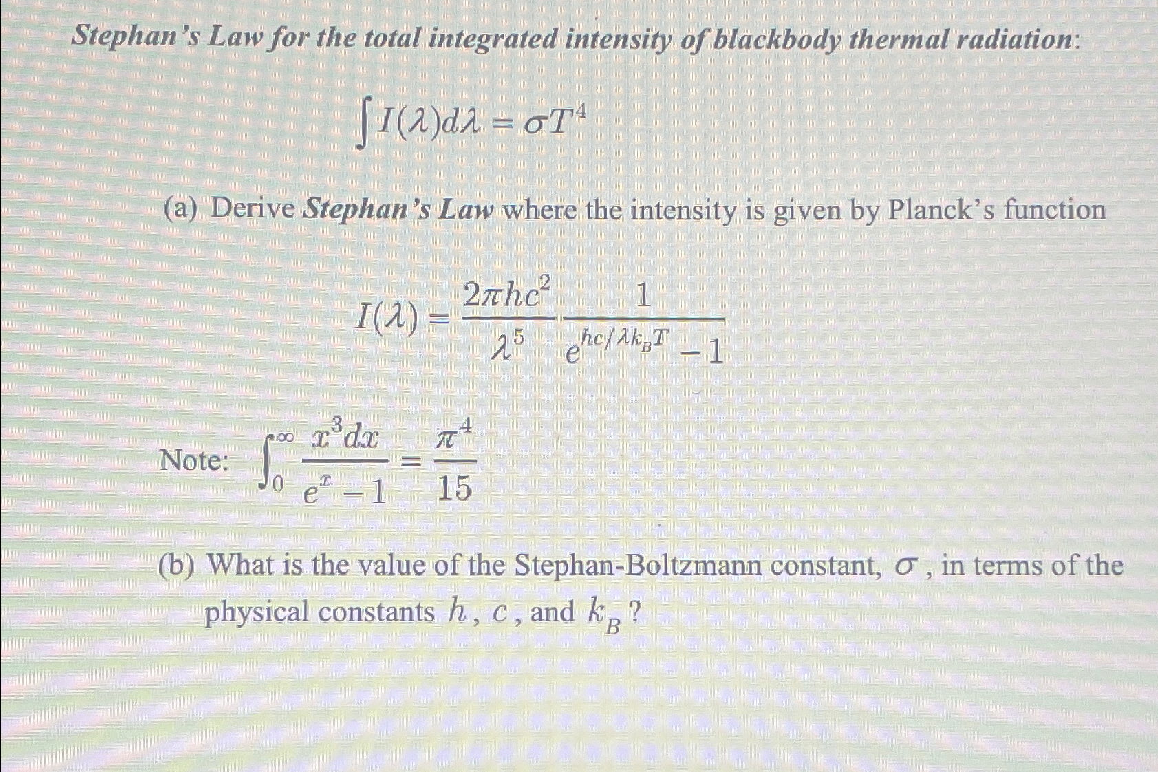 Solved Stephan's Law for the total integrated intensity of | Chegg.com