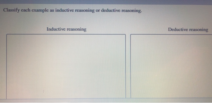 Solved Classify Each Example As Inductive Reasoning Or Chegg Solved Classify Each Example As Inductive Reasoning Or Chegg
