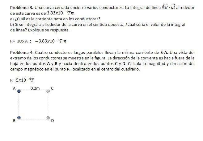 Problema 3. Una curva cerrada encierra varios conductores. La integral de línea \( \oint \vec{B} \cdot \overrightarrow{d l} \