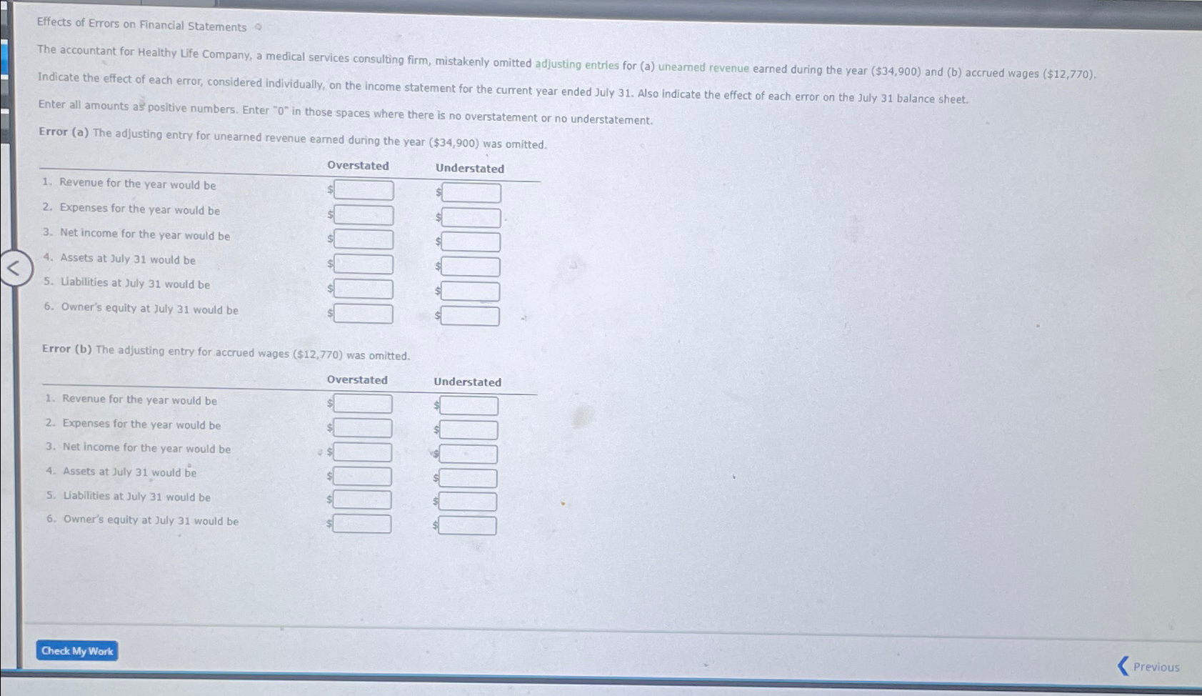 Solved Effects of Errors on Financial StatementsIndicate the | Chegg.com