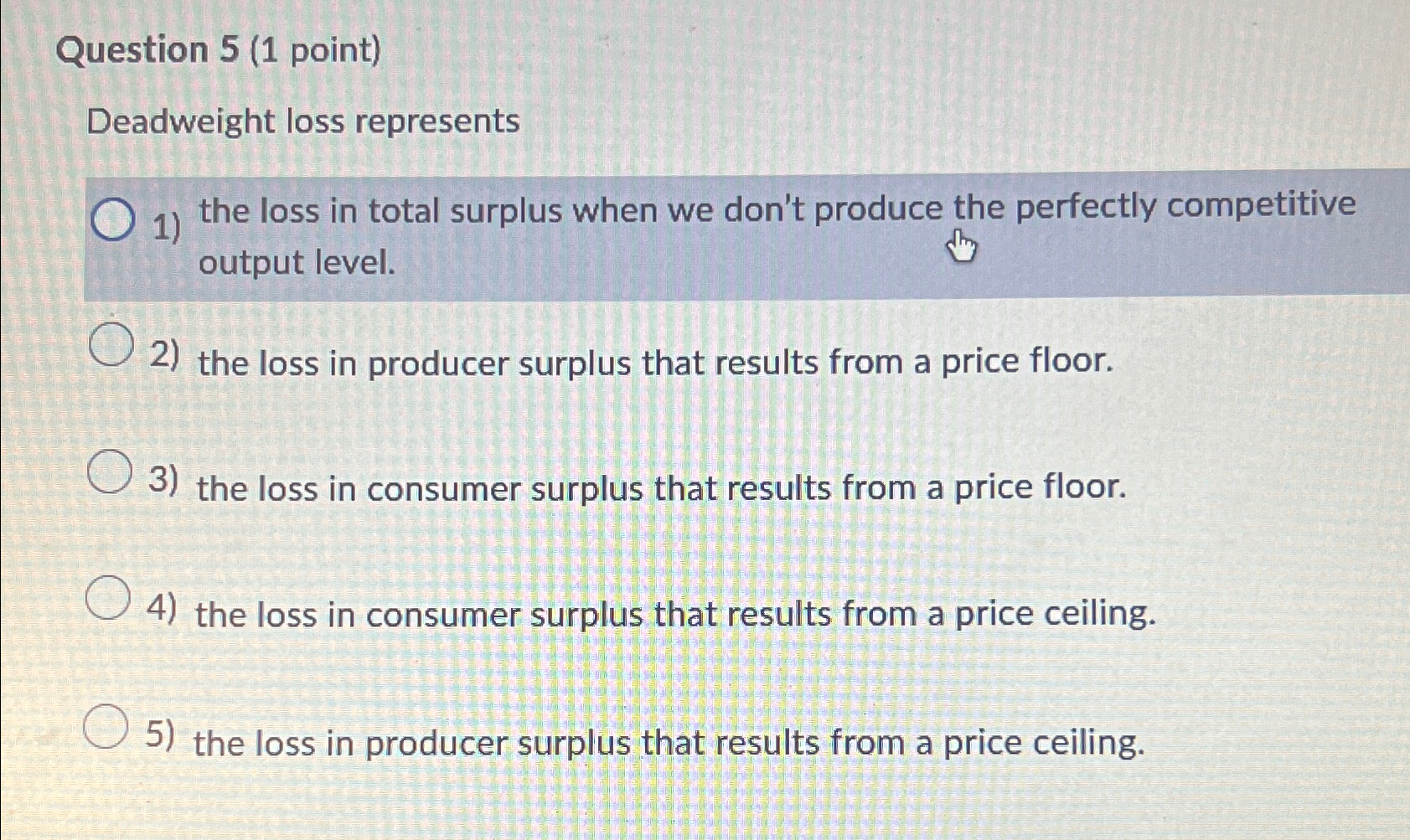 Solved Question 5 (1 ﻿point)Deadweight loss representsthe | Chegg.com