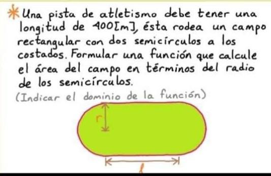 * Una pista de atletismo debe tener una longitud de \( 400[\mathrm{~m}] \), ésta rodea un campo rectangular con dos semicircu