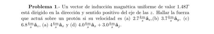 Problema 1.- Un vector de inducción magnética uniforme de valor \( 1.48 T \) está dirigido en la dirección y sentido positivo