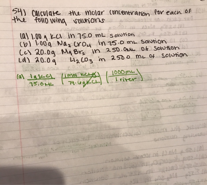 Solved 54) Calculate the molar concentration for each of the | Chegg.com