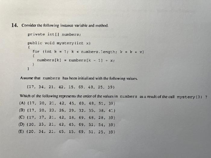 Solved 14. Consider the following instance variable and | Chegg.com