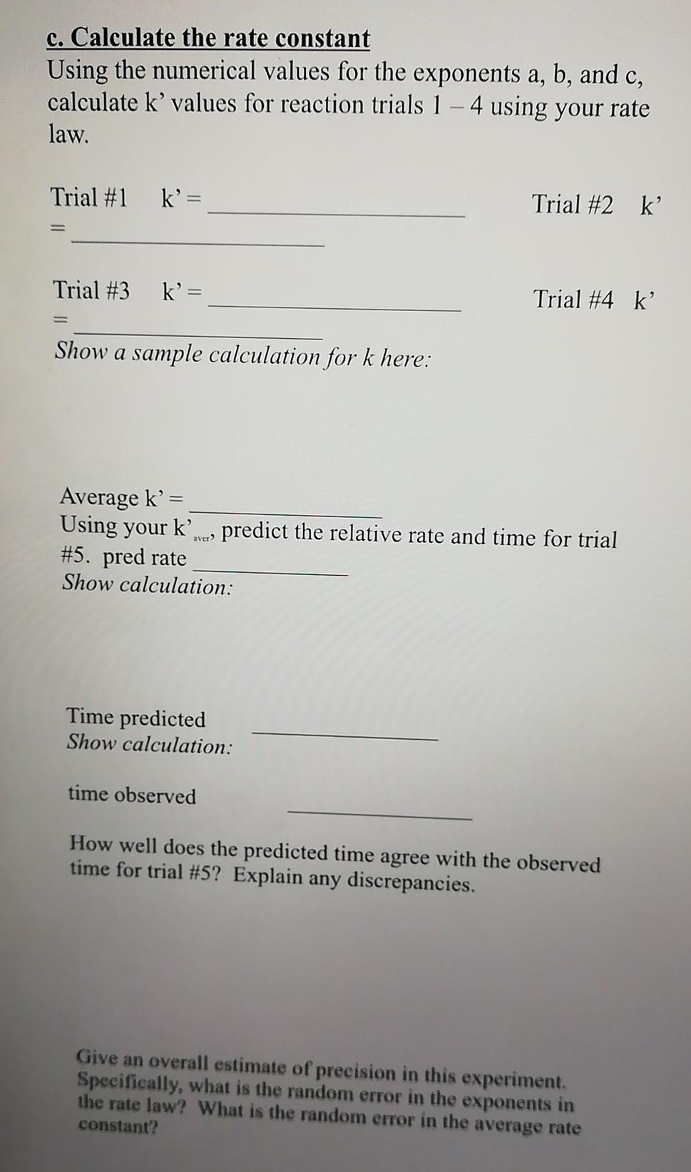Solved c. Calculate the rate constant Using the numerical | Chegg.com