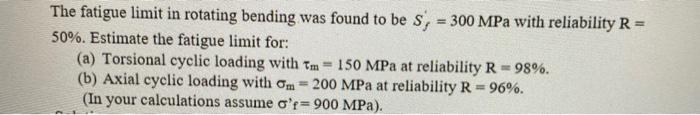 Solved The Fatigue Limit In Rotating Bending Was Found To Be 