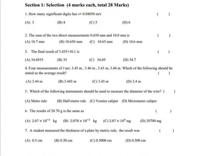 Solved Section 1: Selection (4 marks each, total 28 Marks) | Chegg.com