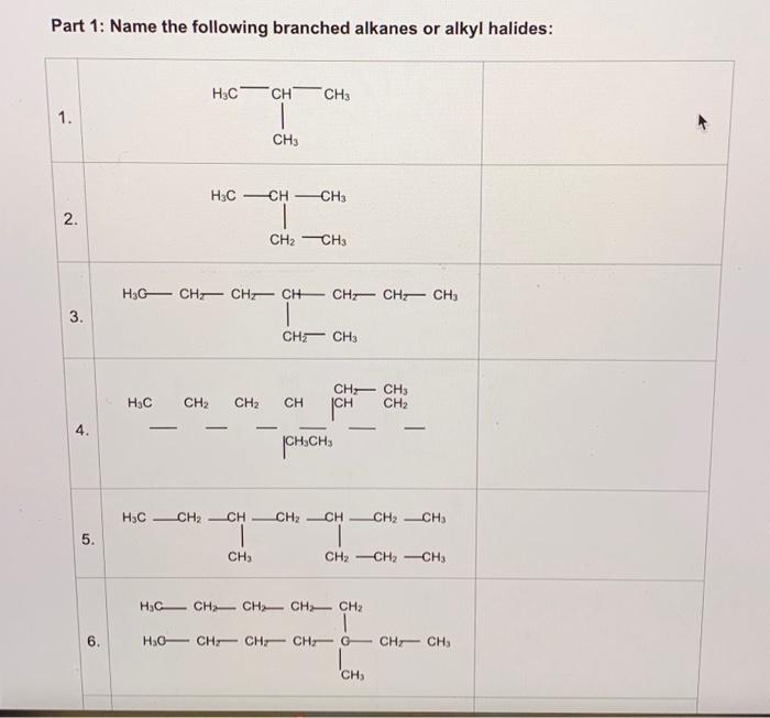 Solved Part 1: Name the following branched alkanes or alkyl | Chegg.com