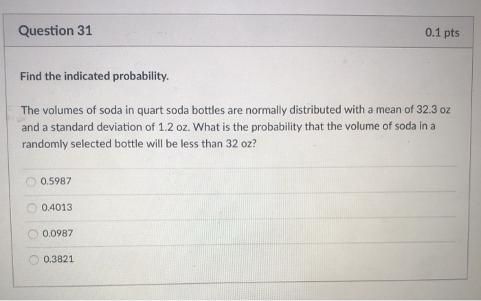 Solved Question 31 0.1 pts Find the indicated probability. | Chegg.com