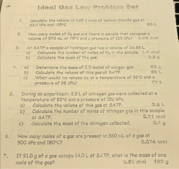 Solved Ideal Gas Law Problem Set 1. Calculate The Volume Of | Chegg.com