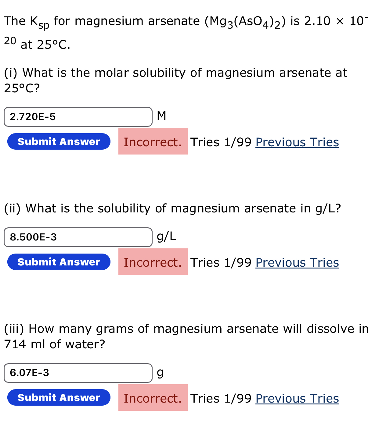 Solved The Ksp ﻿for magnesium arsenate (Mg3(AsO4)2) ﻿is