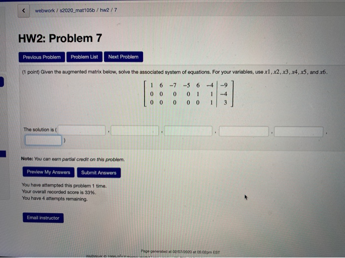Solved webwork / s2020_mat105b/hw2/7 HW2: Problem 7 Previous | Chegg.com