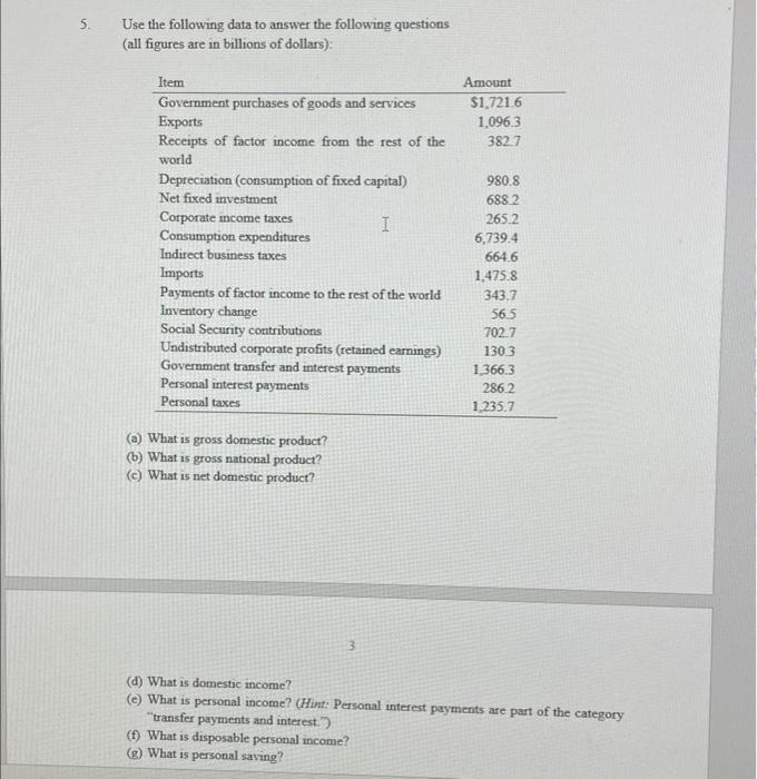 Solved 5. Use the following data to answer the following | Chegg.com