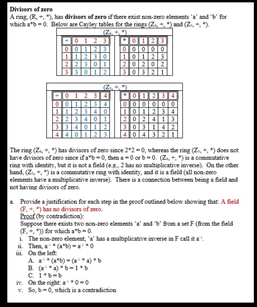 Solved Divisors of zero A ring, (R,+,∗), has divisors of