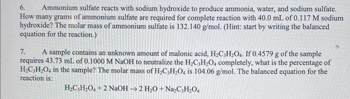 Solved 6 Ammonium Sulfate Reacts With Sodium Hydroxide To 1787